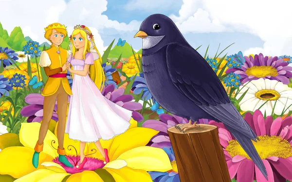 Escena de dibujos animados con la joven hermosa niña princesa y príncipe con un pájaro salvaje — Foto de Stock
