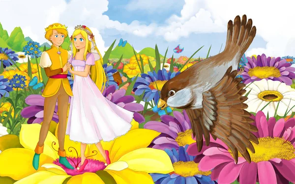 Scène de dessin animé avec jeune belle petite fille princesse et prince avec un oiseau sauvage — Photo