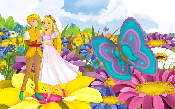 Scena dei cartoni animati con giovane bella piccola principessa ragazza e principe con un uccello selvatico — Foto Stock