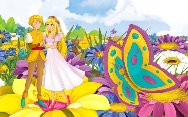 Scène de dessin animé avec jeune belle petite fille princesse et prince avec un oiseau sauvage — Photo