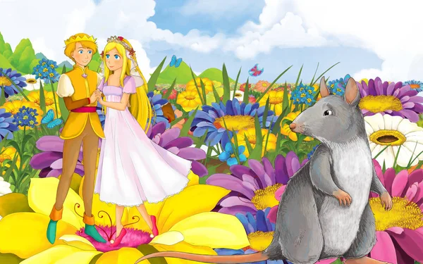 Cartoon-Szene mit jungen schönen kleinen Mädchen Prinzessin und Prinz mit einem wilden Vogel — Stockfoto