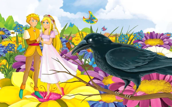 Σκηνή κινουμένων σχεδίων με νεαρή όμορφη πριγκίπισσα κοριτσάκι και πρίγκιπα με ένα άγριο πουλί — Φωτογραφία Αρχείου