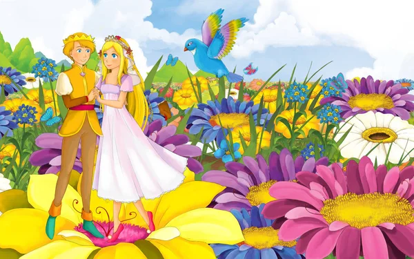 幼い美少女姫と王子と野生の鳥との漫画シーン — ストック写真