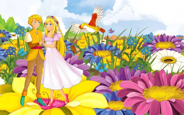 Scena dei cartoni animati con giovane bella piccola principessa ragazza e principe con un uccello selvatico — Foto Stock
