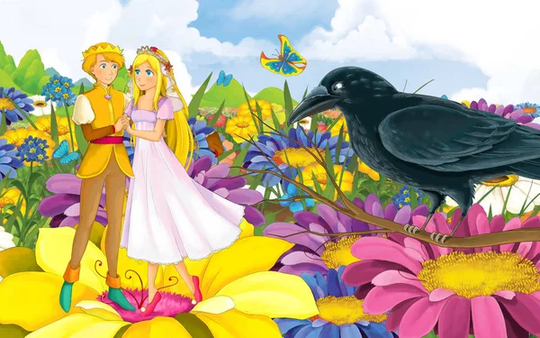 Cena dos desenhos animados com jovem linda menina pequena princesa e príncipe com um pássaro selvagem — Fotografia de Stock