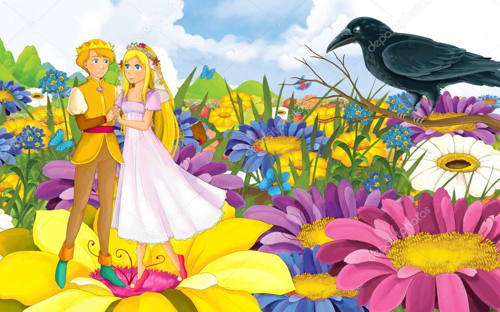 cartoon scene with young beautiful tiny girl princess and prince with a wild bird