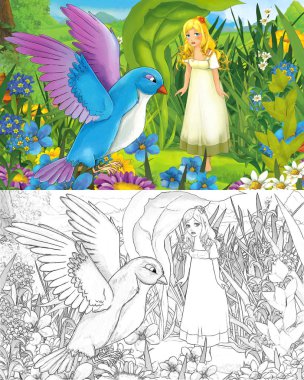 Ormanda çizim sayfası olan küçük, güzel bir kızla karikatür sahnesi.