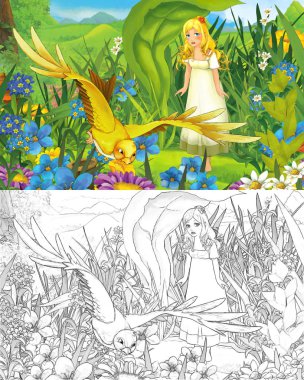 Ormanda çizim sayfası olan küçük, güzel bir kızla karikatür sahnesi.