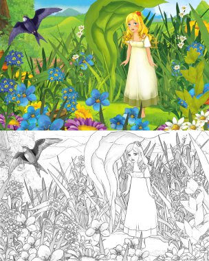 Ormanda çizim sayfası olan küçük, güzel bir kızla karikatür sahnesi.
