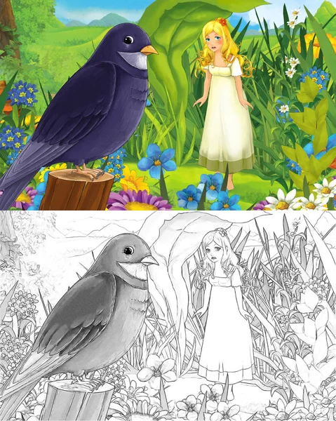 Kreslené scény s mladou krásnou drobné dívka v lese s náčrtek stránku — Stock fotografie