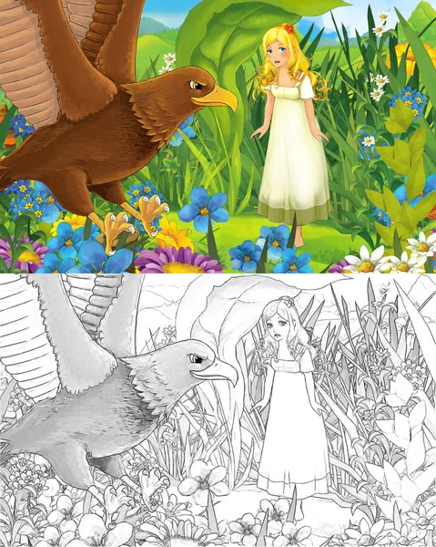 Cartoon scene met jong mooi klein meisje in het bos met schets pagina — Stockfoto