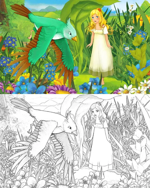 Scène de dessin animé avec jeune belle petite fille dans la forêt avec page de croquis — Photo