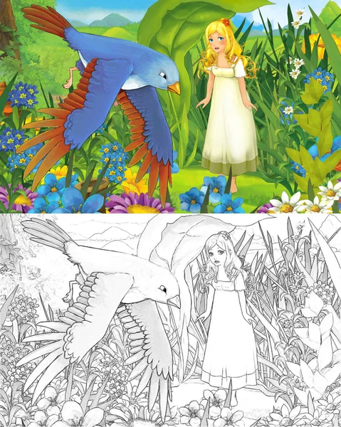 Escena de dibujos animados con joven hermosa niña pequeña en el bosque con página de boceto —  Fotos de Stock