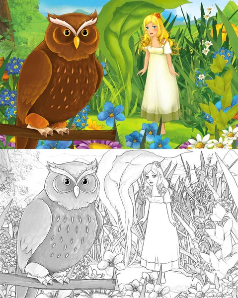 Ormanda çizim sayfası olan küçük, güzel bir kızla karikatür sahnesi. — Stok fotoğraf
