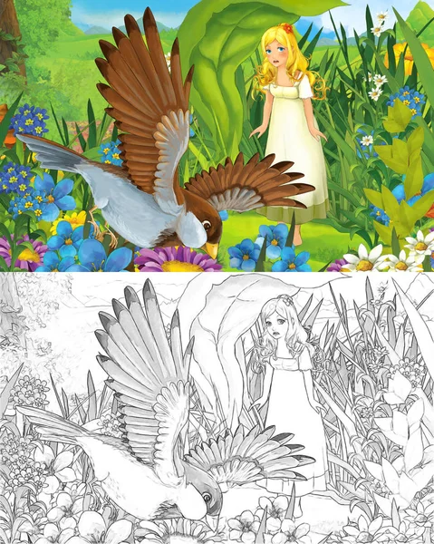 Cartoon scene with young beautiful tiny girl in the forest with sketch page — Stock Photo, Image