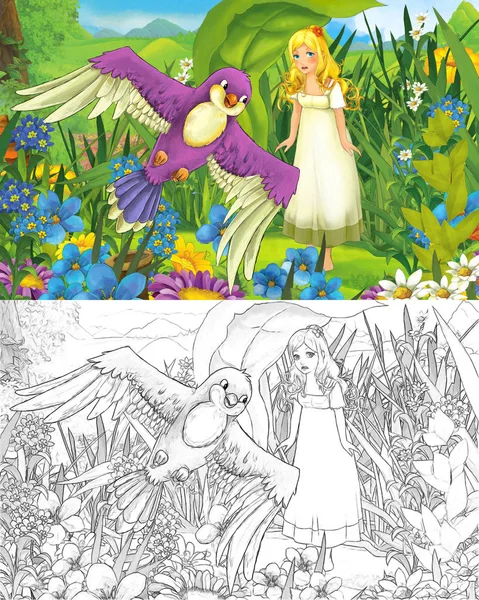 Escena de dibujos animados con joven hermosa niña pequeña en el bosque con página de boceto —  Fotos de Stock