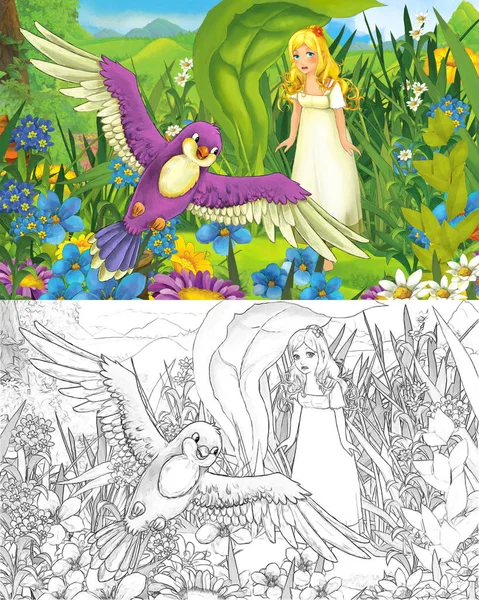 Cartoon scene with young beautiful tiny girl in the forest with sketch page — Stock Photo, Image