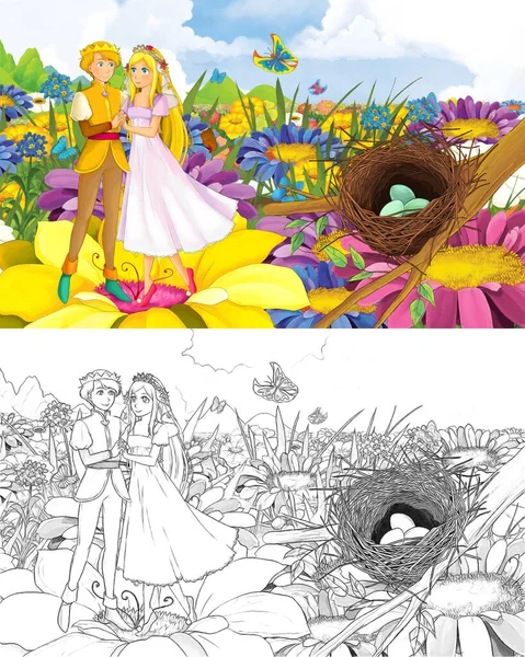Ragazza dei cartoni animati principessa e principe con uno schizzo uccello selvatico — Foto Stock