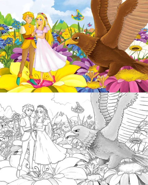 野生の鳥のスケッチを持つ漫画の女の子の王女と王子 — ストック写真