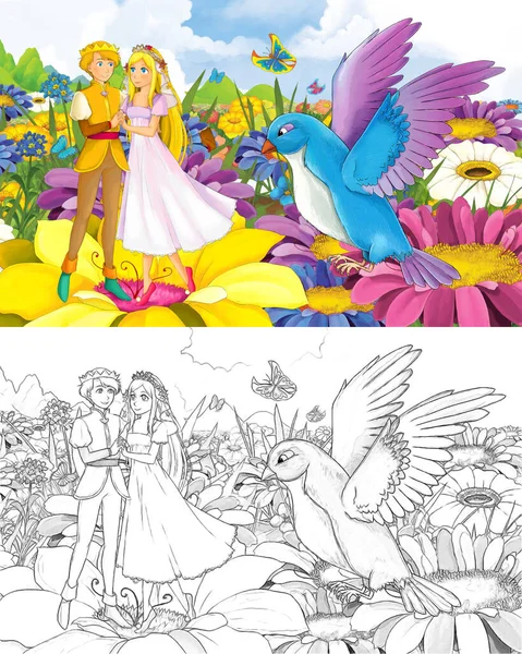 Cartoon girl princess and prince with a wild bird sketch — 스톡 사진