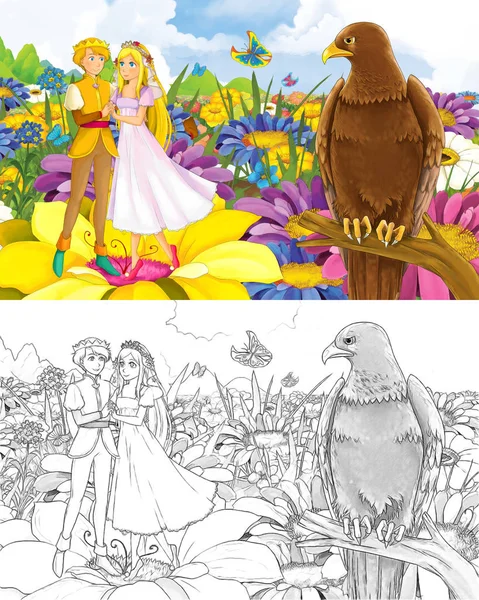 Fille de dessin animé princesse et prince avec un croquis d'oiseau sauvage — Photo