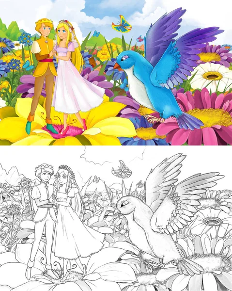 Мультяшна дівчина принцеса і принц з ескізом дикого птаха — стокове фото