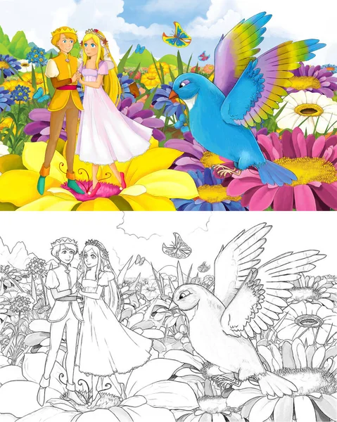 Chica de dibujos animados princesa y príncipe con un boceto de pájaro salvaje —  Fotos de Stock