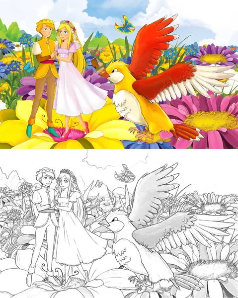 Fille de dessin animé princesse et prince avec un croquis d'oiseau sauvage — Photo