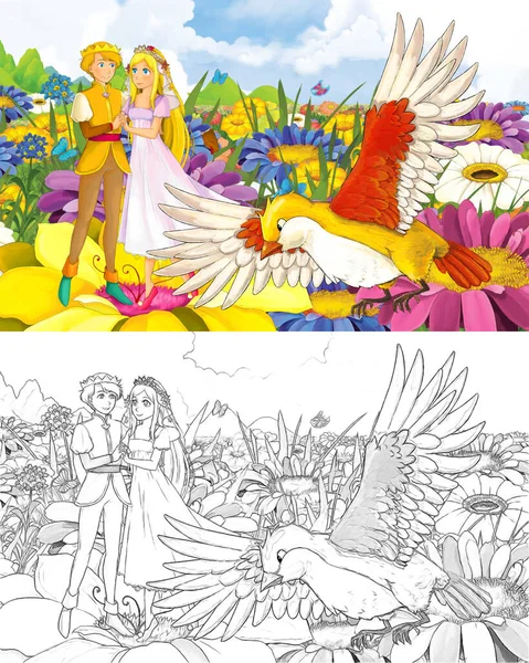 卡通片女公主和王子与野鸟素描 — 图库照片