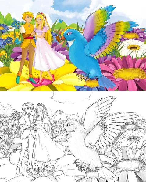 Cartoon girl princess and prince with a wild bird sketch — 스톡 사진