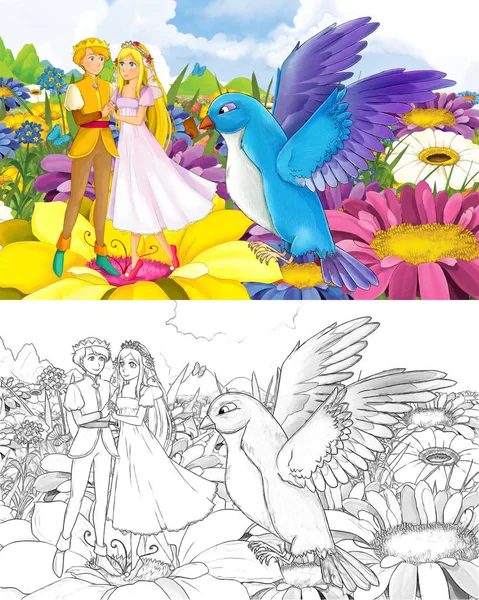 Cartoon girl princess and prince with a wild bird sketch — Stock Photo, Image