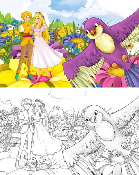 Cartoon girl princess and prince with a wild bird sketch — 스톡 사진
