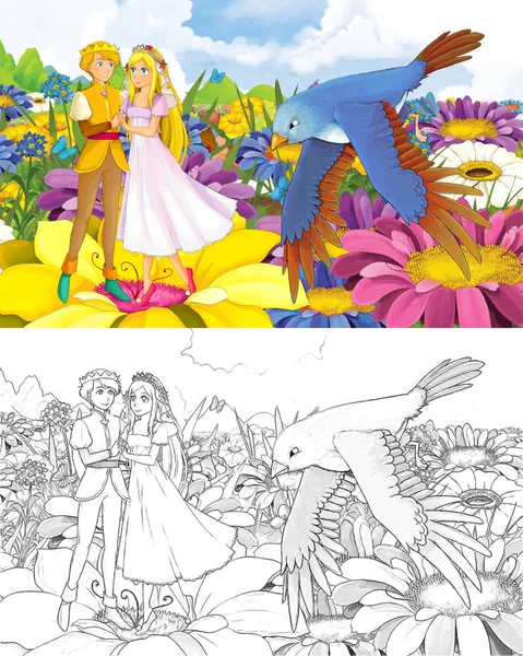 Desene animate fată prințesă și prinț cu o schiță pasăre sălbatică — Fotografie, imagine de stoc