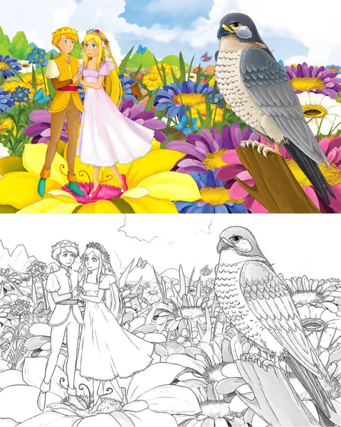 Cartoon-Mädchen Prinzessin und Prinz mit einem Wildvogel-Sketch — Stockfoto