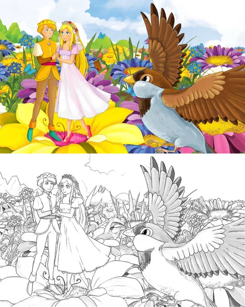 Fille de dessin animé princesse et prince avec un croquis d'oiseau sauvage — Photo