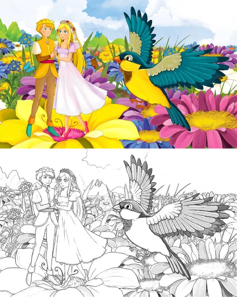 Fille de dessin animé princesse et prince avec un croquis d'oiseau sauvage — Photo