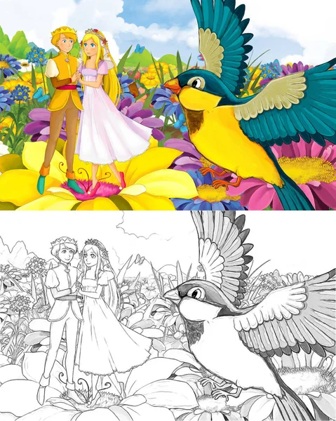Chica de dibujos animados princesa y príncipe con un boceto de pájaro salvaje — Foto de Stock