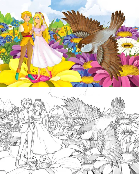 Fille de dessin animé princesse et prince avec un croquis d'oiseau sauvage — Photo