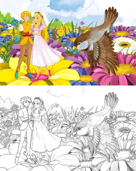 Cartoon girl princess and prince with a wild bird sketch — 스톡 사진