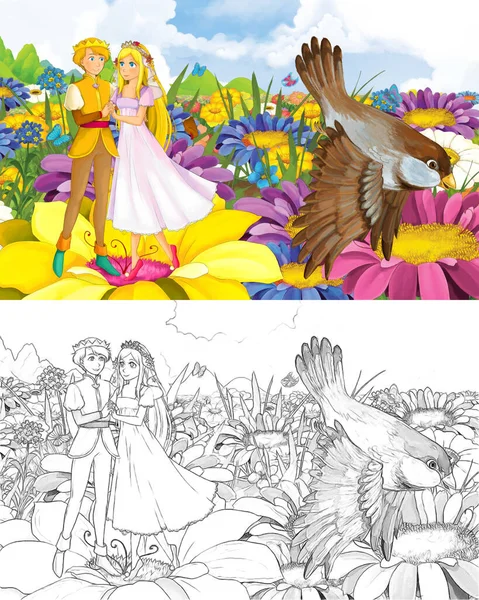 Rajzfilm lány hercegnő és herceg egy vad madár vázlat — Stock Fotó
