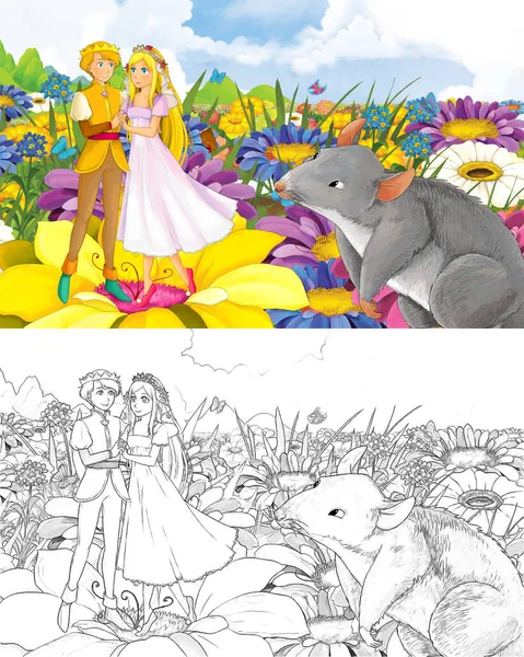 Cartoon girl princess and prince with a wild bird sketch — 스톡 사진