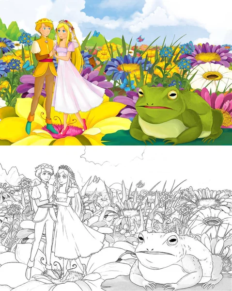 Kreslené dívka princezna a princ s divokým ptákem skica — Stock fotografie
