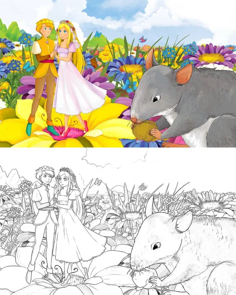 Kreskówka dziewczyna księżniczka i książę z a dziki ptak skecz — Zdjęcie stockowe