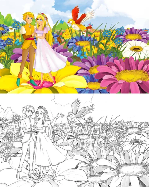 Cartoon girl princess and prince with a wild bird sketch — 스톡 사진