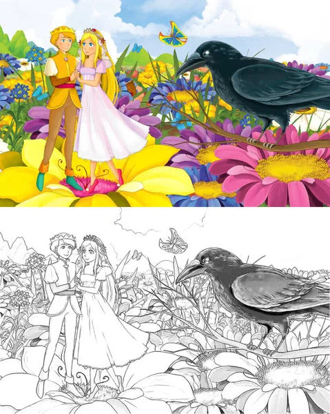 Cartoon girl princess and prince with a wild bird sketch — 스톡 사진