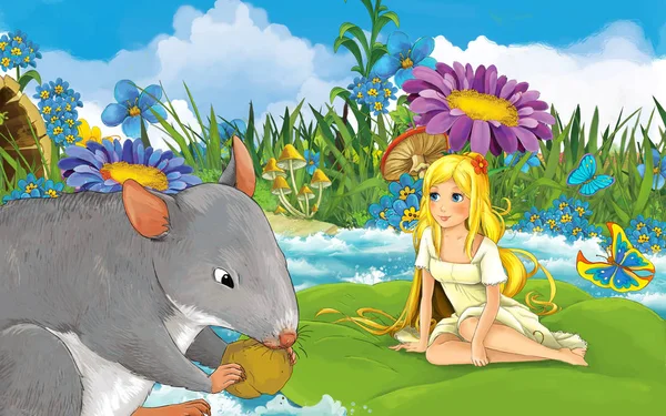 Cartoon meisje in het bos zeilen in de rivier op het blad met een wilde rat of muis — Stockfoto
