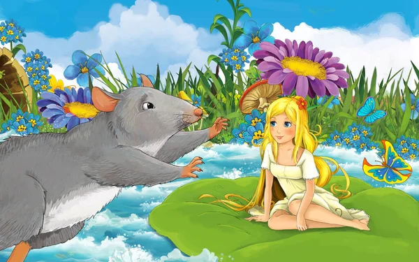Cartoon girl in the forest sailing in the river on the leaf with a wild rat or mouse — 스톡 사진