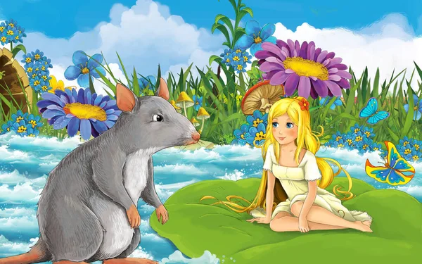 Çizgi filmdeki kız nehirde yelken açıyor yaprağın üzerinde vahşi bir fare ya da fareyle — Stok fotoğraf