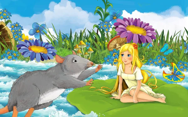 Tecknad flicka i skogen seglar i floden på bladet med en vild råtta eller mus — Stockfoto