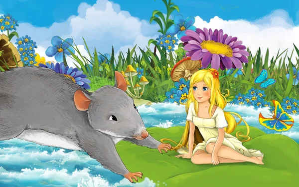 Cartoon girl in the forest sailing in the river on the leaf with a wild rat or mouse — 스톡 사진